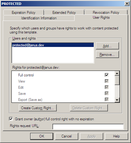 Settings for the sample PROTECTED Distributed Rights Policy Template