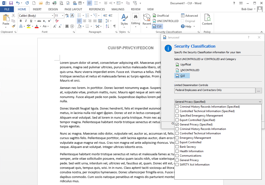 Example of CUI data classification in MS Word with Janusseal