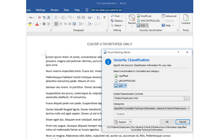 Word Document with Janusseal Security Classification Dialog