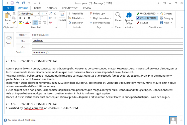 Using Janusseal for Outlook to set the message's security classification while composing the email 